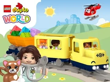 Spielszene aus LEGO DUPLO World+ mit einem gelben Fahrzeug, Tieren, Figuren und bunten Bausteinen.