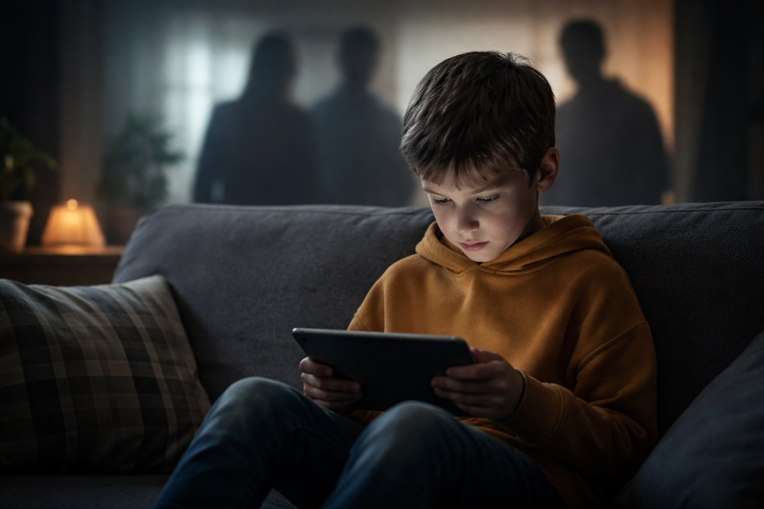 Junger Junge sitzt auf einem Sofa und schaut konzentriert auf ein Tablet, während im Hintergrund unscharfe erwachsene Silhouetten stehen und symbolisch für unsichtbare Beobachter und Datenauswertung im Internet stehen