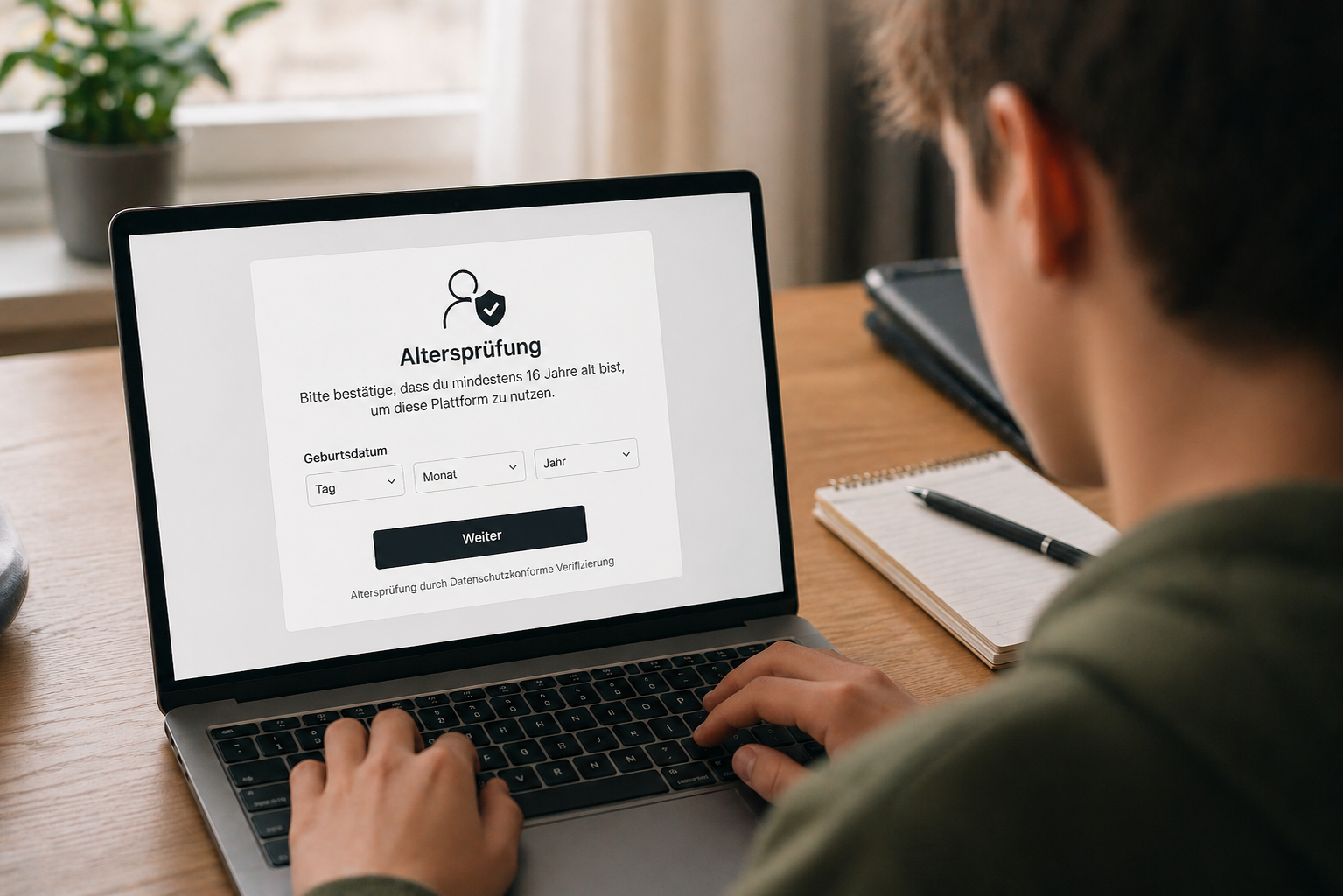 Jugendlicher sitzt am Laptop und sieht eine Altersprüfung beim Login einer Plattform, bei der das Geburtsdatum eingegeben werden muss