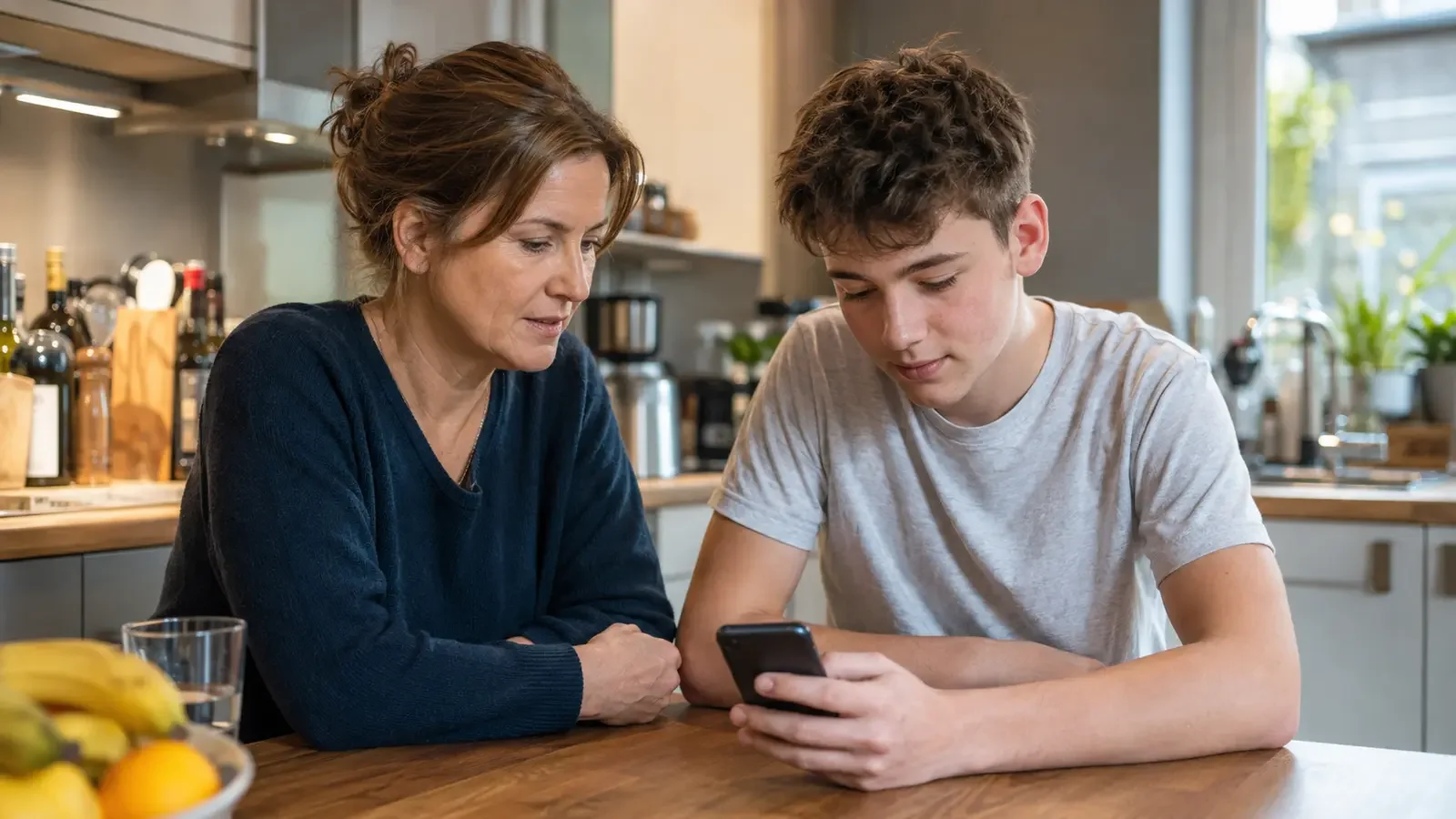 Mutter und jugendlicher Sohn sprechen gemeinsam über Inhalte auf seinem Smartphone.