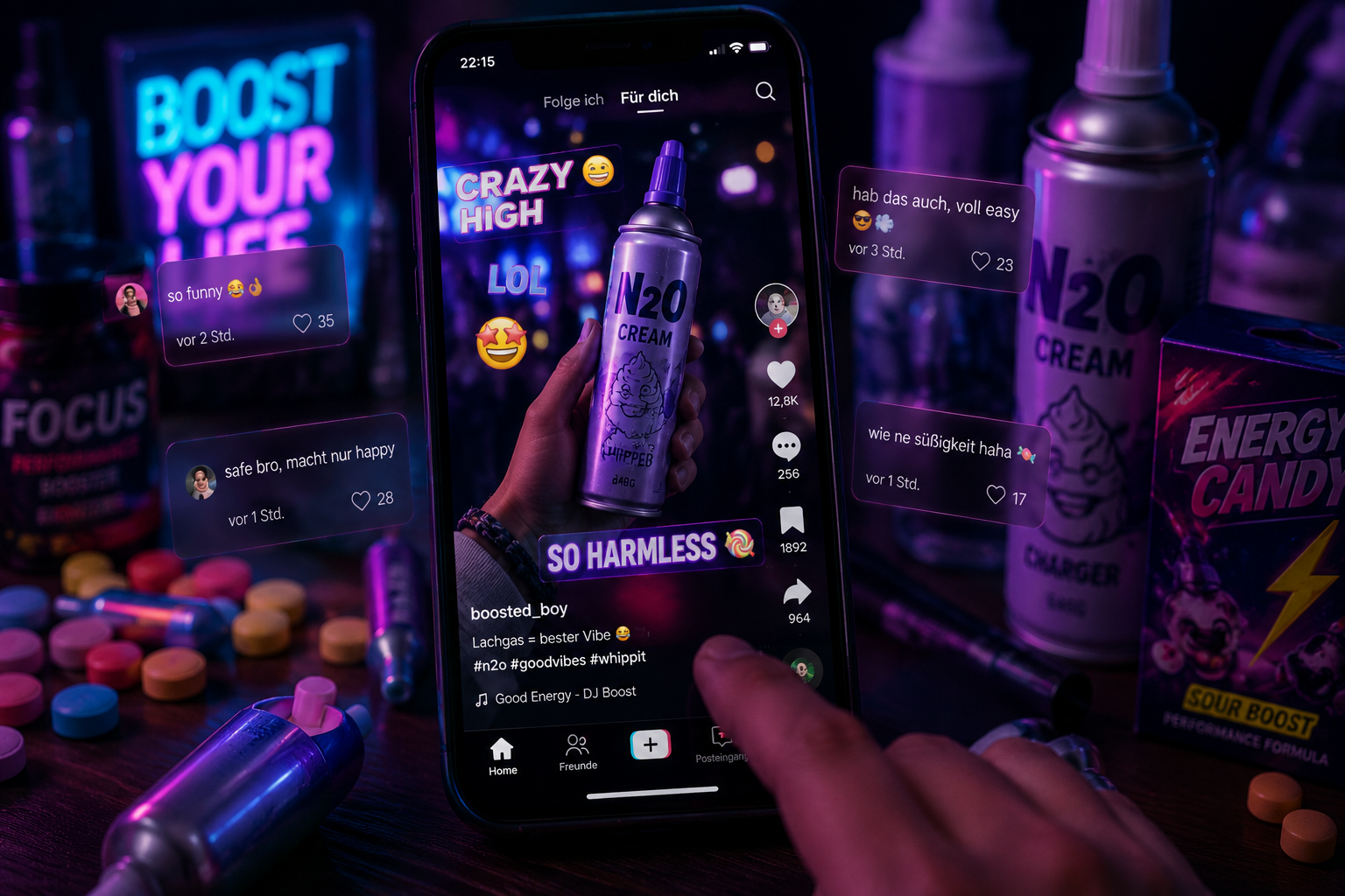 Ein Smartphone zeigt einen neonfarbenen Social-Media-Feed, in dem Lachgas und Leistungsbooster wie harmlose Trendprodukte inszeniert werden, umgeben von bunten Süßigkeiten, Energydrinks und auffälliger Gaming-Ästhetik.