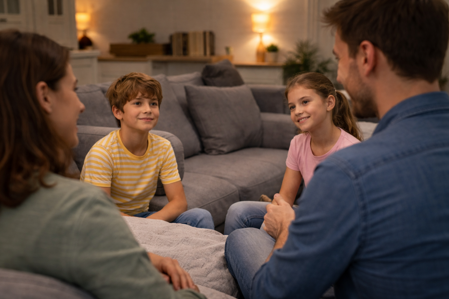 Eine Familie sitzt gemeinsam im Wohnzimmer und spricht miteinander; Eltern und Kinder schauen sich aufmerksam an und führen ein ruhiges Gespräch ohne digitale Geräte.