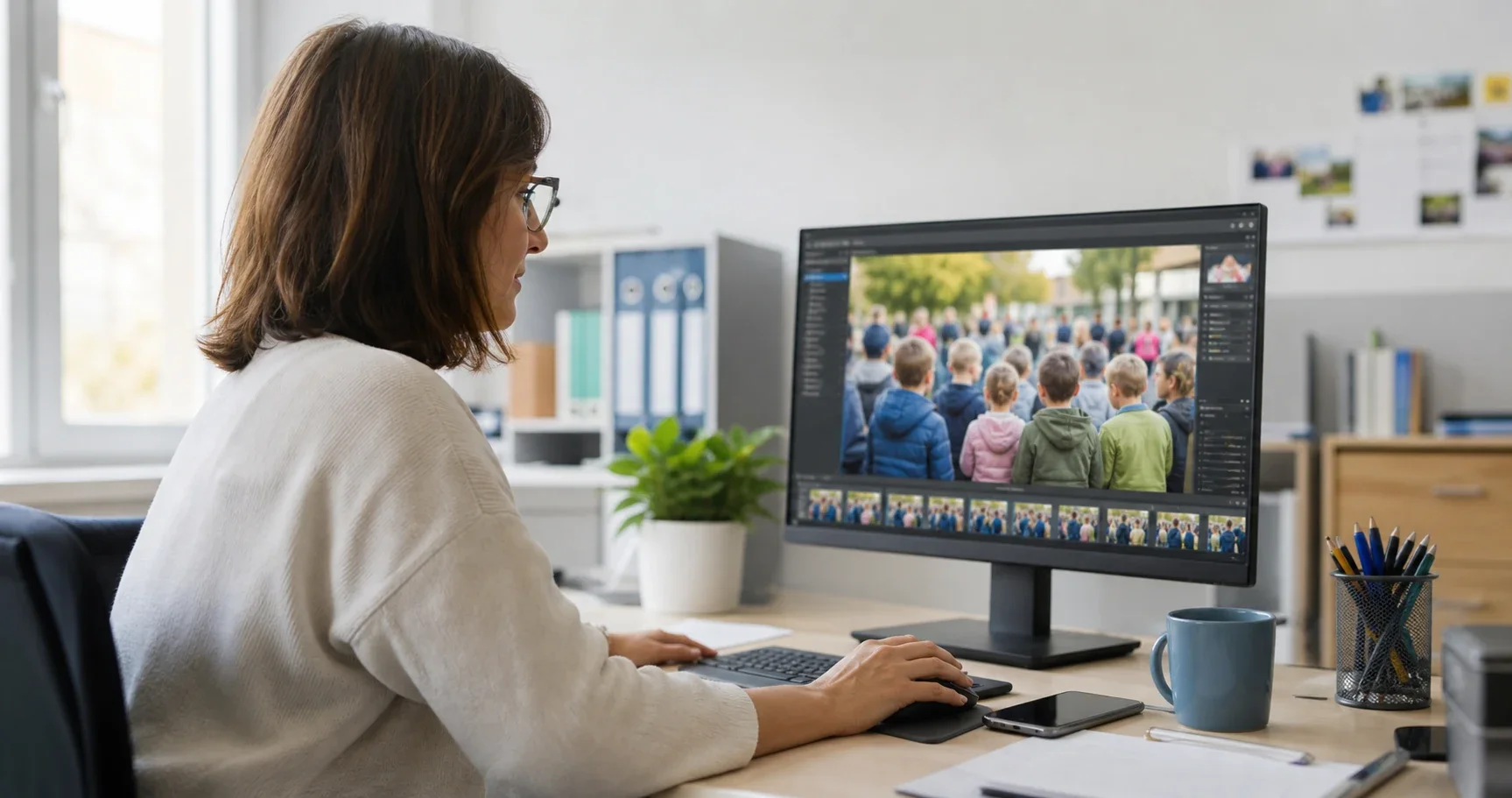 Eine Schulmitarbeiterin prüft am Computer ein Foto von Kindern, die ausschließlich von hinten zu sehen sind.