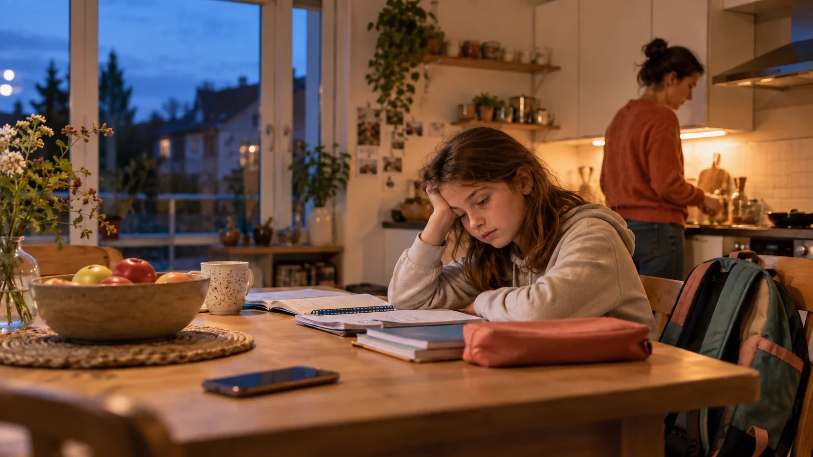 Ein erschöpftes Schulkind sitzt nach einem langen Schultag am Küchentisch zwischen Schulbüchern und Rucksack. Im Hintergrund bereitet ein Elternteil das Abendessen vor, während das Smartphone ungenutzt auf dem Tisch liegt.
