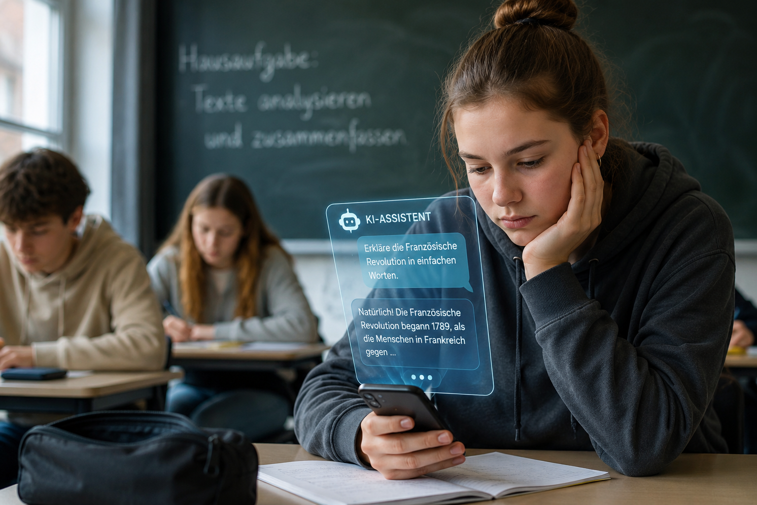 Jugendliche Schülerin sitzt im Klassenraum und nutzt während des Unterrichts eine KI auf ihrem Smartphone, während andere Schülerinnen und Schüler im Hintergrund arbeiten.