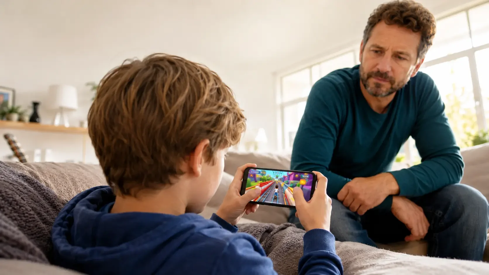 Ein Junge spielt Subway Surfers auf einem Smartphone, während sein Vater die Nutzung aufmerksam beobachtet.