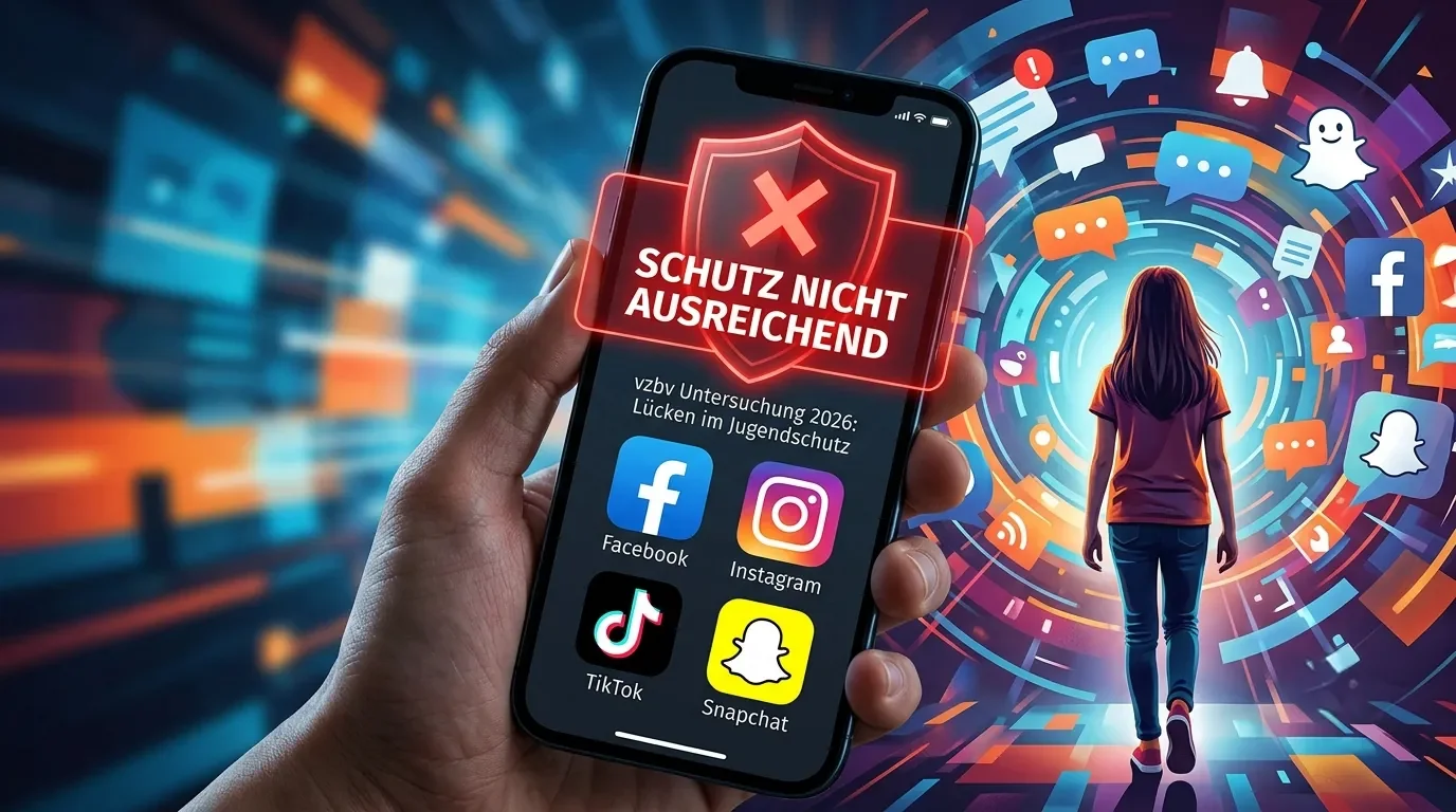 Smartphone mit Warnhinweis zum unzureichenden Jugendschutz auf Social-Media-Plattformen, umgeben von Symbolen großer Netzwerke und einer Jugendlichen in einer digitalen Umgebung.