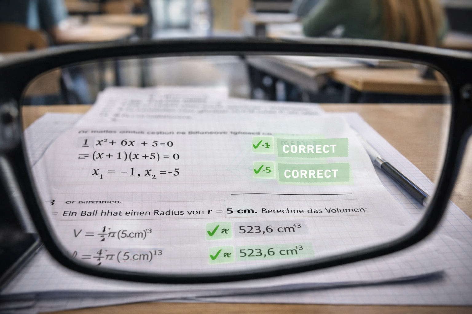 Blick durch Smartglasses auf eine Klassenarbeit bei der Lösungen direkt sichtbar sind während ein Klassenzimmer im Hintergrund unscharf zu sehen ist