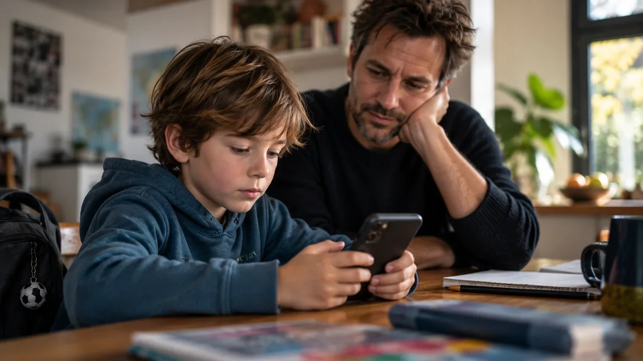 Kind sitzt mit einem Smartphone am Tisch, während ein Elternteil die Nutzung aufmerksam begleitet.