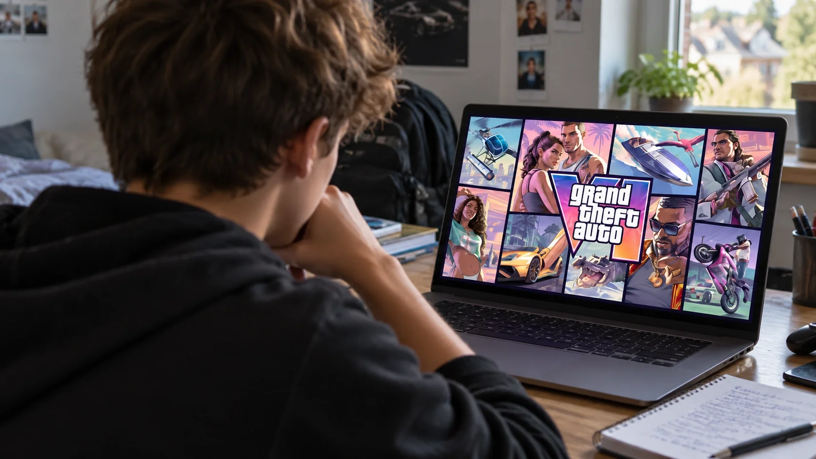 Ein Jugendlicher sitzt am Schreibtisch und betrachtet auf seinem Laptop das farbige GTA-VI-Motiv.