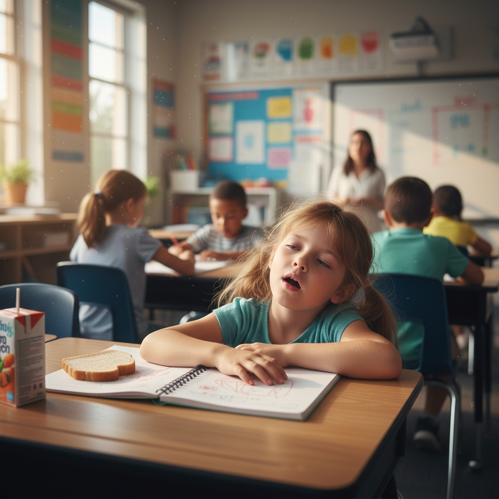 Müdes Kind sitzt im Klassenzimmer am Tisch und wirkt erschöpft, während im Hintergrund andere Kinder arbeiten und eine Lehrkraft vorne steht.