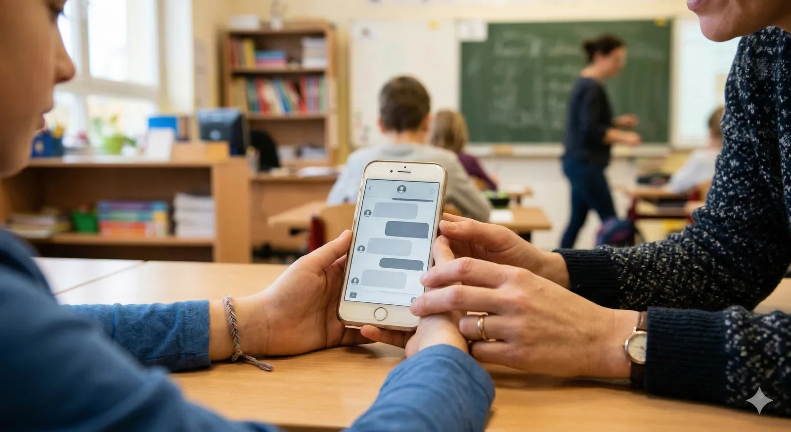 Eine erwachsene Person und ein Kind betrachten einen Chat auf einem Smartphone in einem Klassenzimmer.