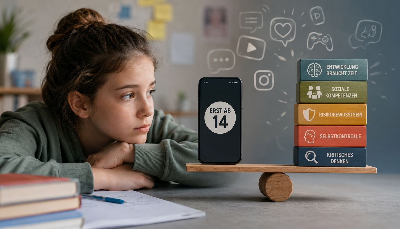 Nachdenklicher Junge sitzt an einem Tisch neben einem Smartphone, während eine symbolische Darstellung zeigt, warum Kinderpsychiater Smartphones erst ab 14 Jahren empfehlen.