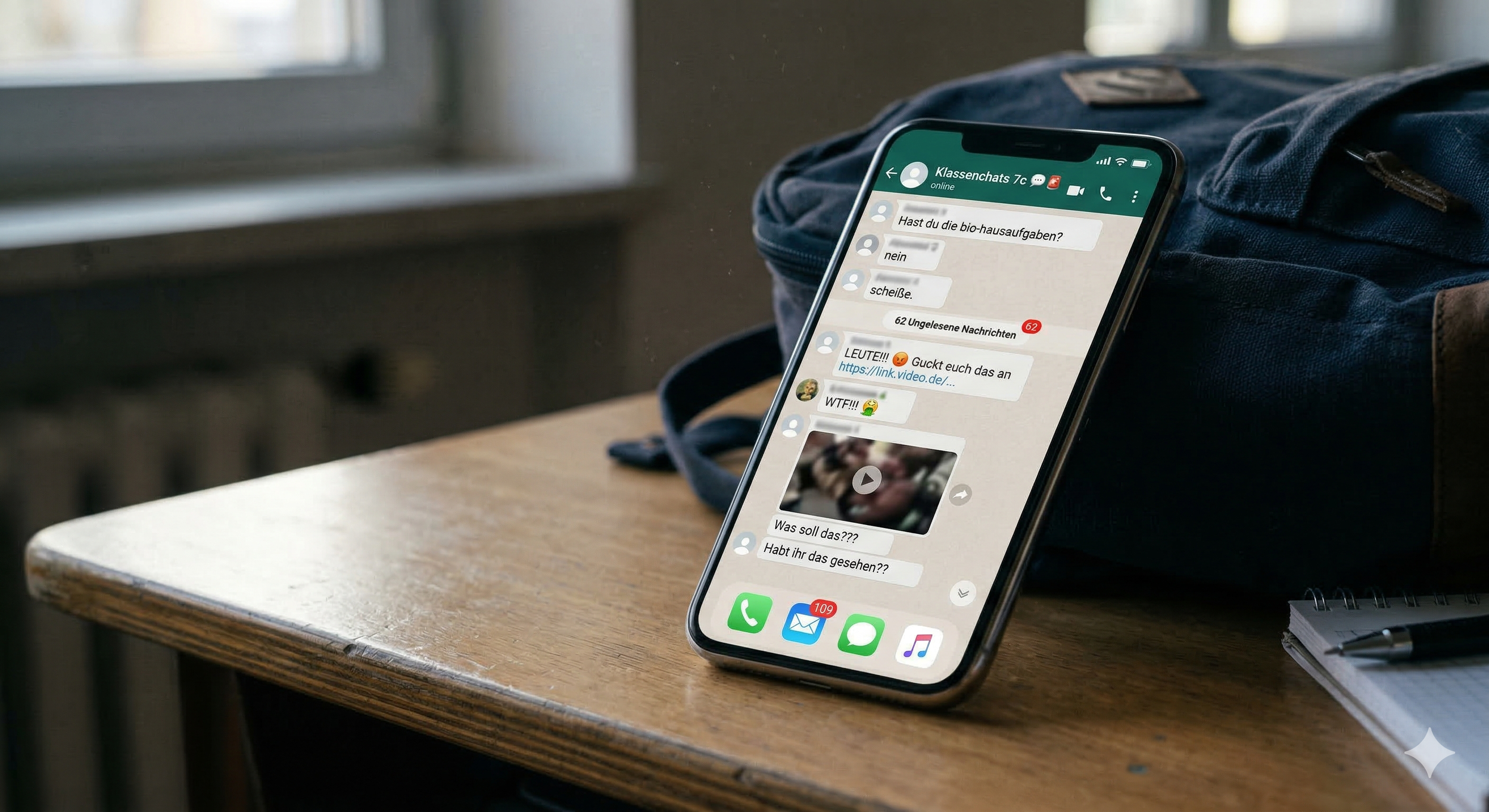 Ein Smartphone auf einem hölzernen Schultisch neben einem Rucksack. Auf dem Bildschirm ist ein Messenger-Chatverlauf mit vielen ungelesenen Nachrichten und einem Video-Vorschaubild zu sehen, der die belastende Dynamik in Klassenchats symbolisiert.