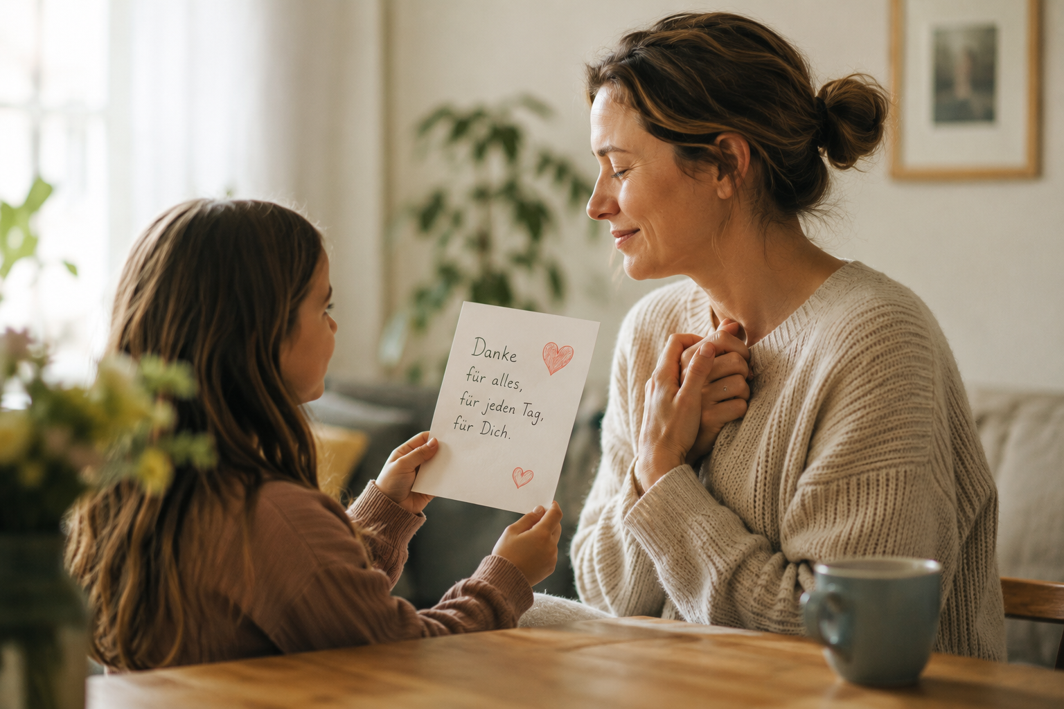 Ein Kind überreicht seiner Mutter zu Hause eine handgeschriebene Dankeskarte und bedankt sich für ihre Liebe, Geduld und Unterstützung im Alltag.