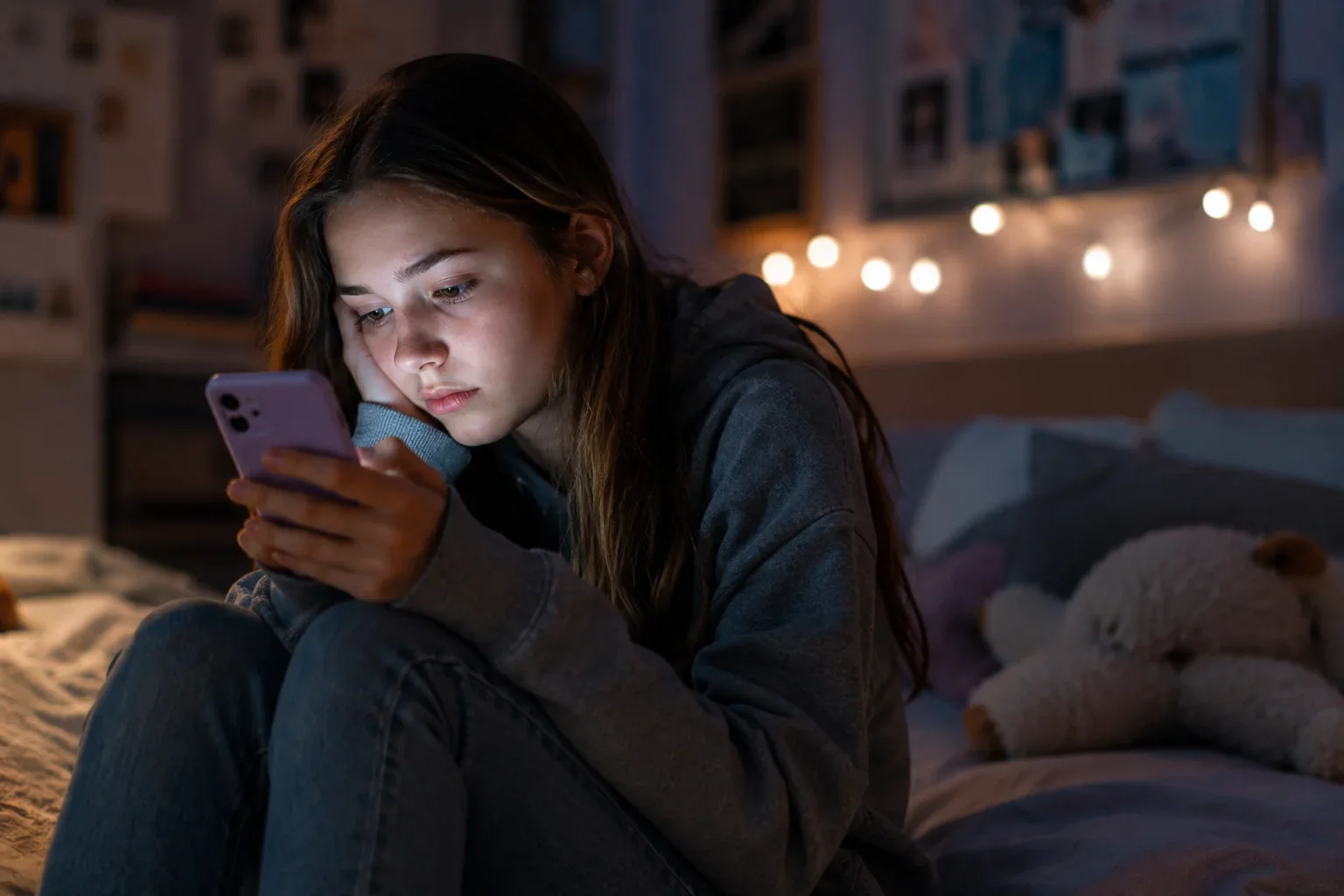 Ein nachdenkliches Mädchen sitzt abends auf ihrem Bett und blickt auf ihr Smartphone. Das Licht des Displays beleuchtet ihr Gesicht und verdeutlicht den Einfluss sozialer Medien auf den Selbstwert von Kindern und Jugendlichen.
