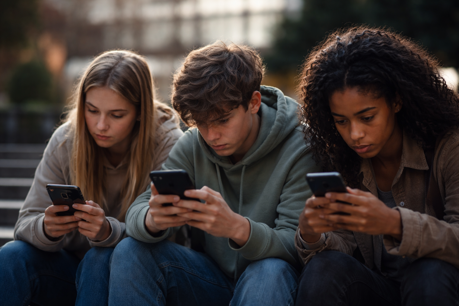 Drei Jugendliche sitzen nebeneinander im Freien und schauen konzentriert auf ihre Smartphones, ernst wirkende Stimmung und abendliches Licht im Hintergrund