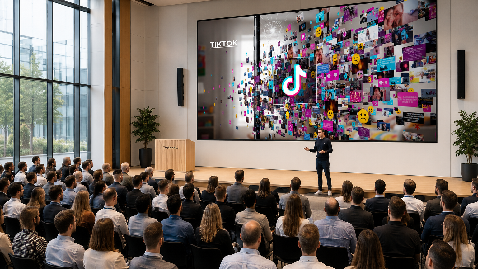 Große moderne Townhall in einem Unternehmen mit Bühne, Präsentationsleinwand und aufmerksamem Publikum während eines Vortrags über digitale Medien und TikTok.