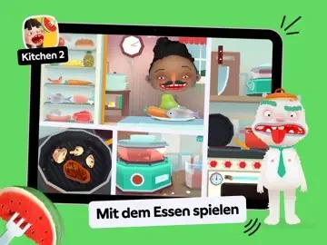 Eine orangefarbene Figur backt und gestaltet in einer kreativen Spielszene aus Sago Mini World.