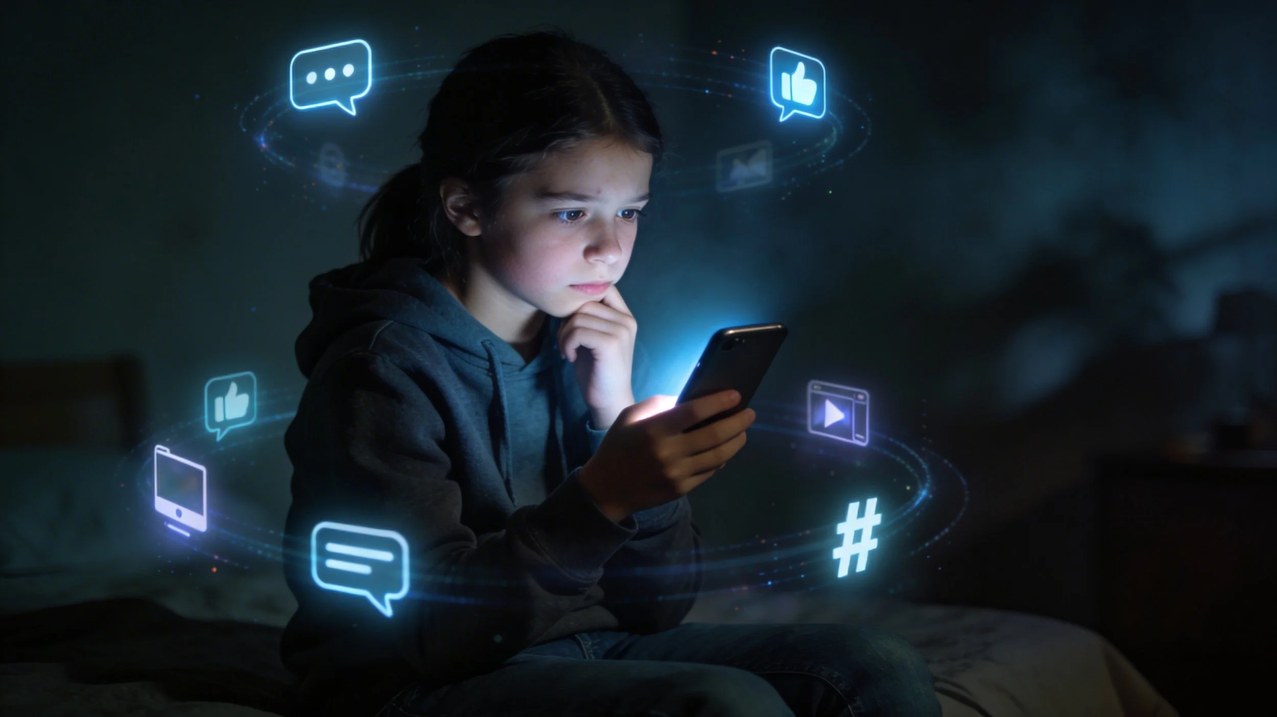 Mädchen sitzt abends im dunklen Zimmer mit Smartphone in der Hand, umgeben von leuchtenden Social Media Symbolen wie Chatblasen, Like Zeichen und Hashtag Icons.
