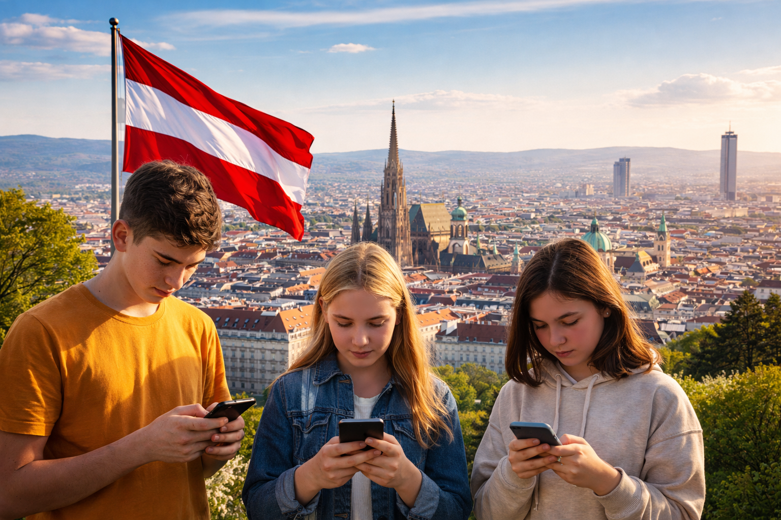 Drei Jugendliche stehen mit Smartphones in der Hand auf einem Aussichtspunkt über Wien, im Hintergrund die Innenstadt mit Stephansdom und österreichischer Flagge.