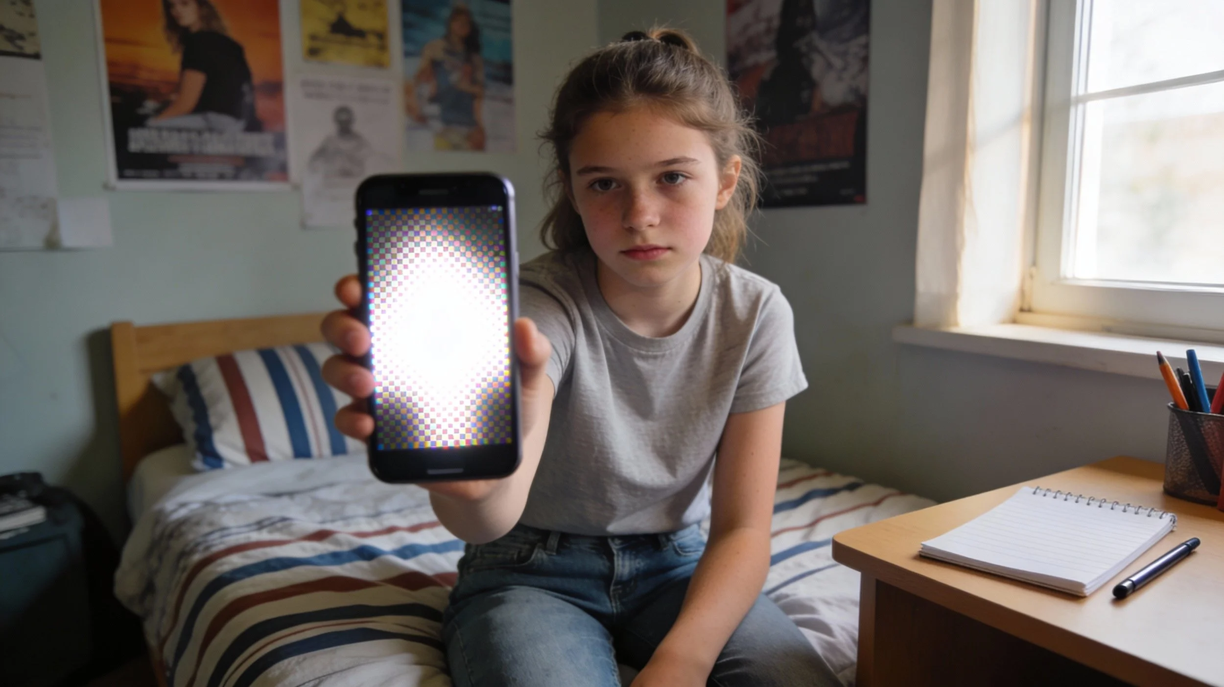 Ein etwa 14 Jahre altes Mädchen sitzt auf ihrem Bett und hält ein Smartphone mit stark verpixeltem Bildschirm in die Kamera, ernste Stimmung im Jugendzimmer.