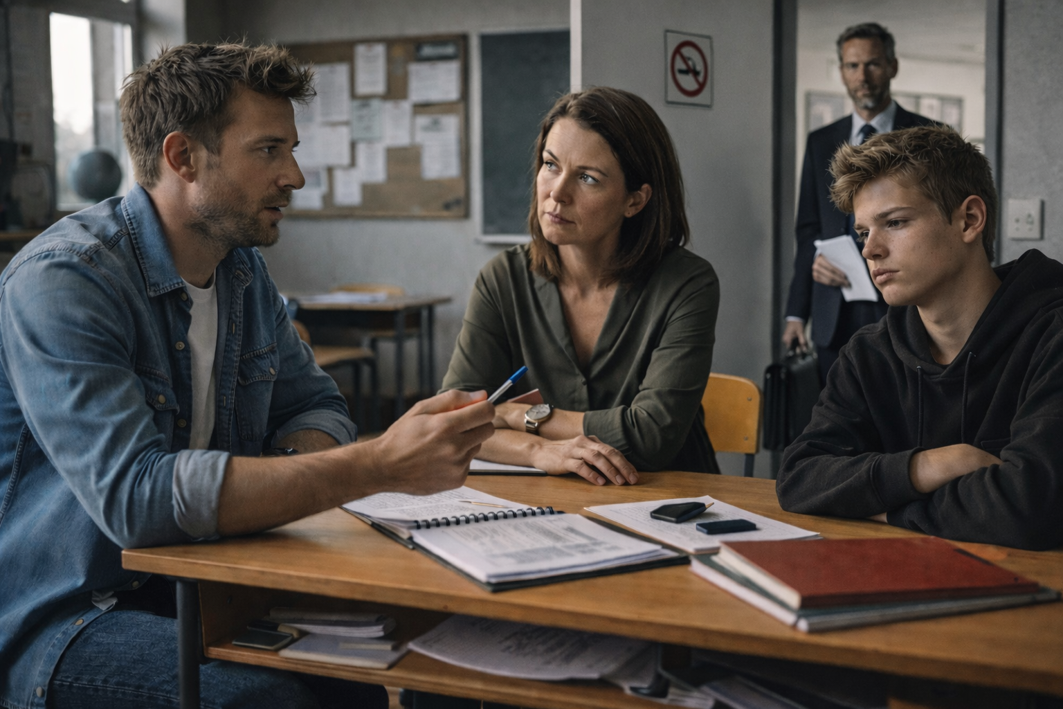 Ein Lehrer spricht im Klassenzimmer mit einer Mutter und ihrem Sohn, während im Hintergrund ein Anwalt vor der Tür steht und nicht am Gespräch teilnimmt.