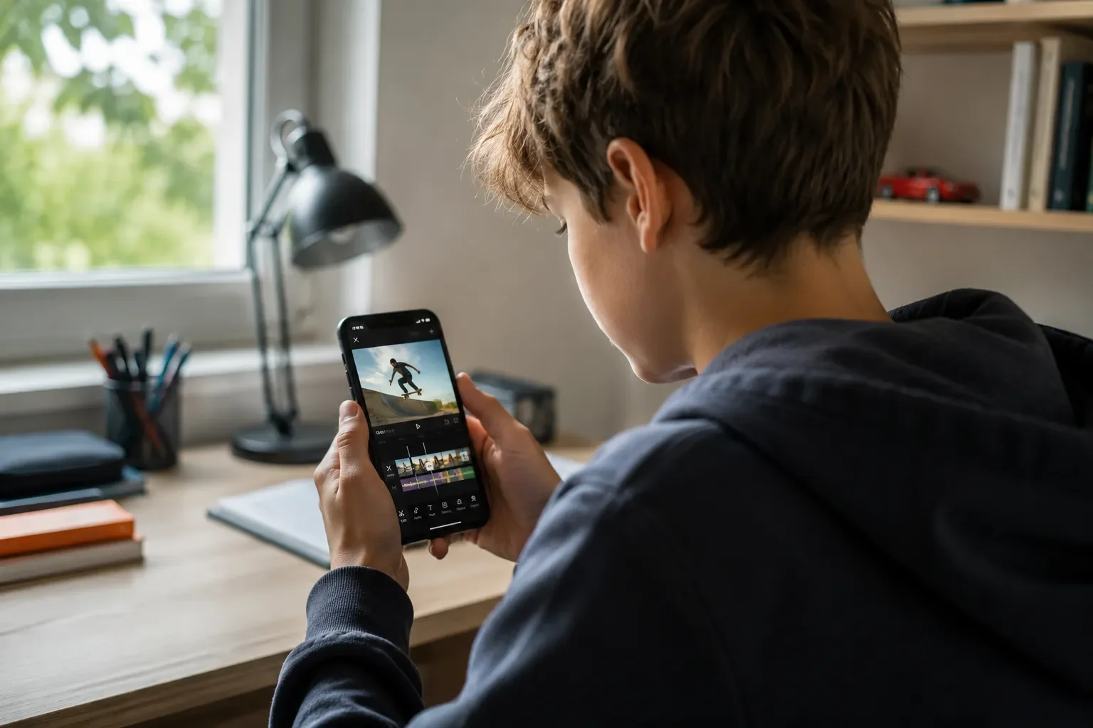 Ein Junge sitzt an einem Schreibtisch und bearbeitet auf seinem Smartphone ein Video. Das Bild zeigt, wie Kinder heute mit modernen Video-Apps und KI-gestützten Bearbeitungsfunktionen kreativ arbeiten.