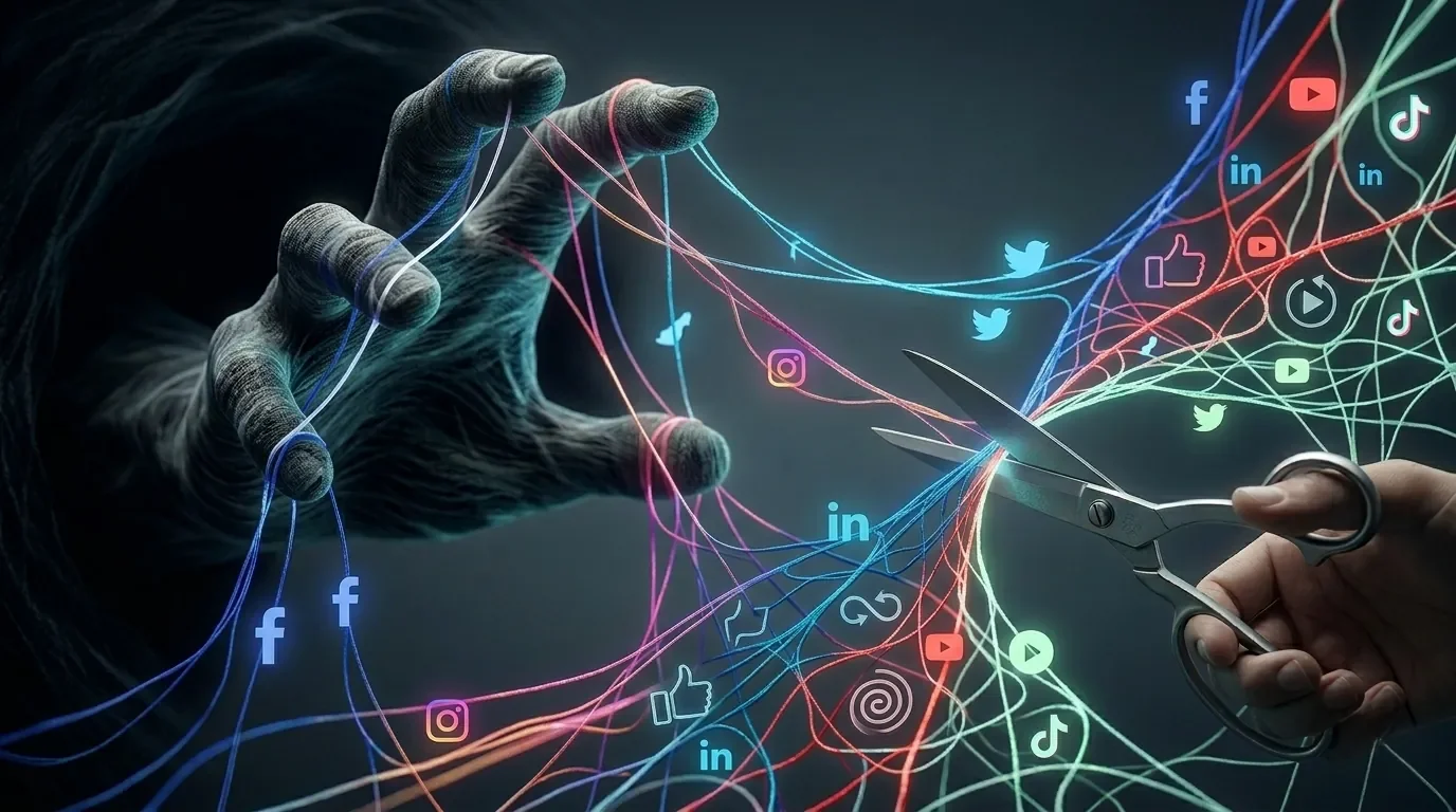 Symbolisches Motiv mit einer Hand, die ein Netz aus Social-Media-Verbindungen kontrolliert, während eine Schere die Verbindungen durchtrennt. Visualisierung von Regulierung, Schutzmaßnahmen und Eingriffen gegen manipulative Plattformmechanismen.