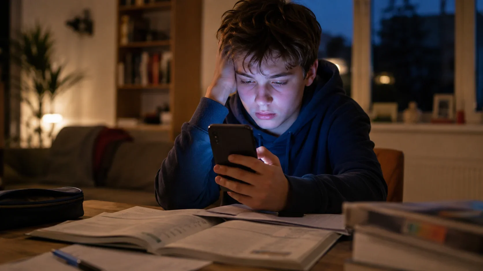 Ein Junge sitzt abends mit geöffneten Schulbüchern und Heften am Tisch, schaut erschöpft auf sein Smartphone und wird vom kalten Bildschirmlicht angestrahlt. Das Bild zeigt die Ablenkung durch Kurzvideos während der Hausaufgaben.