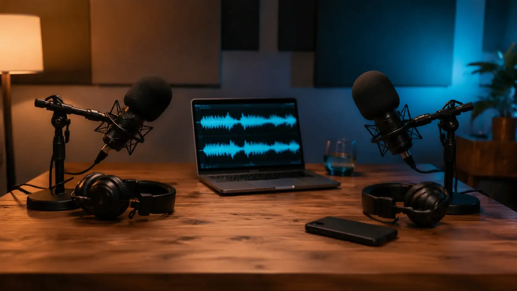 Zwei Mikrofone und Kopfhörer stehen in einem Podcaststudio vor einem Laptop, auf dessen Bildschirm die Tonspuren einer Aufnahme zu sehen sind.