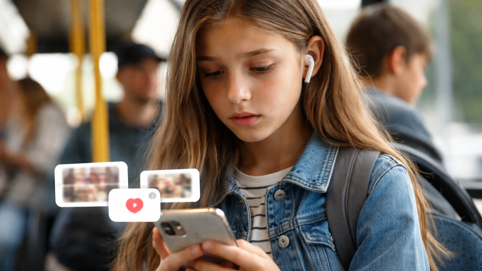Kind sitzt im Bus und schaut auf ein Smartphone, Symbolbild für AirDrop und ungefragte Bildübertragungen auf Kinderhandys
