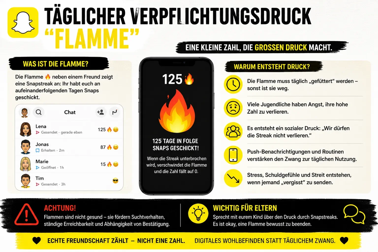 Infografik erklärt die Snapchat-Flamme (Snapstreak), den täglichen Nutzungsdruck sowie die Auswirkungen auf Kinder und Jugendliche durch Belohnungssysteme und soziale Verpflichtungen.