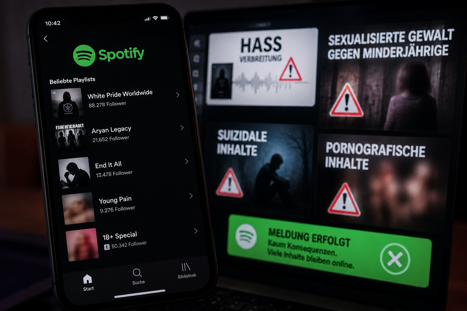 Ein Smartphone mit einer Musikstreaming-App zeigt problematische Playlists und Suchergebnisse, während im Hintergrund Warnhinweise zu Hass, Gewalt und gefährlichen Inhalten in dunkler digitaler Atmosphäre erscheinen.