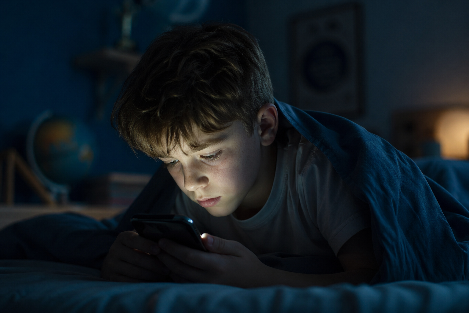 Junge liegt nachts im Bett und schaut konzentriert auf ein leuchtendes Smartphone, das sein Gesicht im dunklen Zimmer beleuchtet