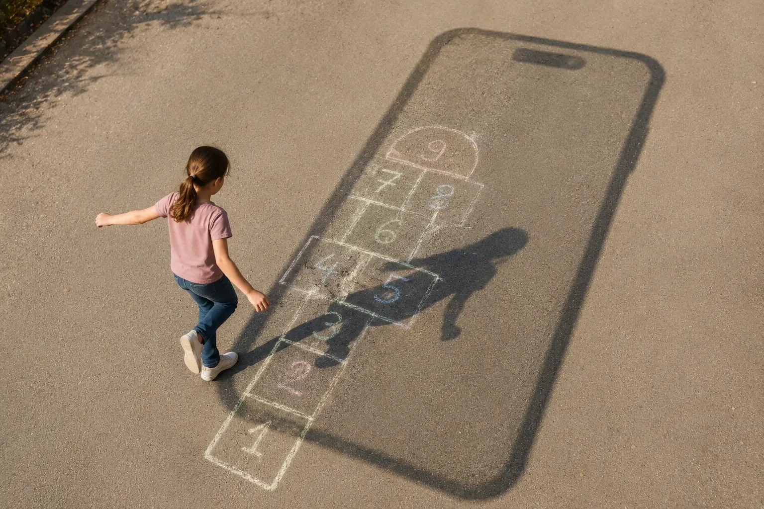 Ein Kind spielt ein Hüpfspiel auf dem Gehweg, über den der große Schatten eines Smartphones fällt.