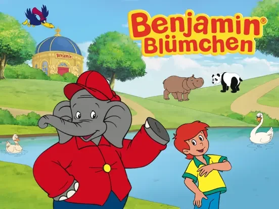 Benjamin Blümchen und Otto stehen in einer Suchspielszene vor dem Neustädter Zoo.
