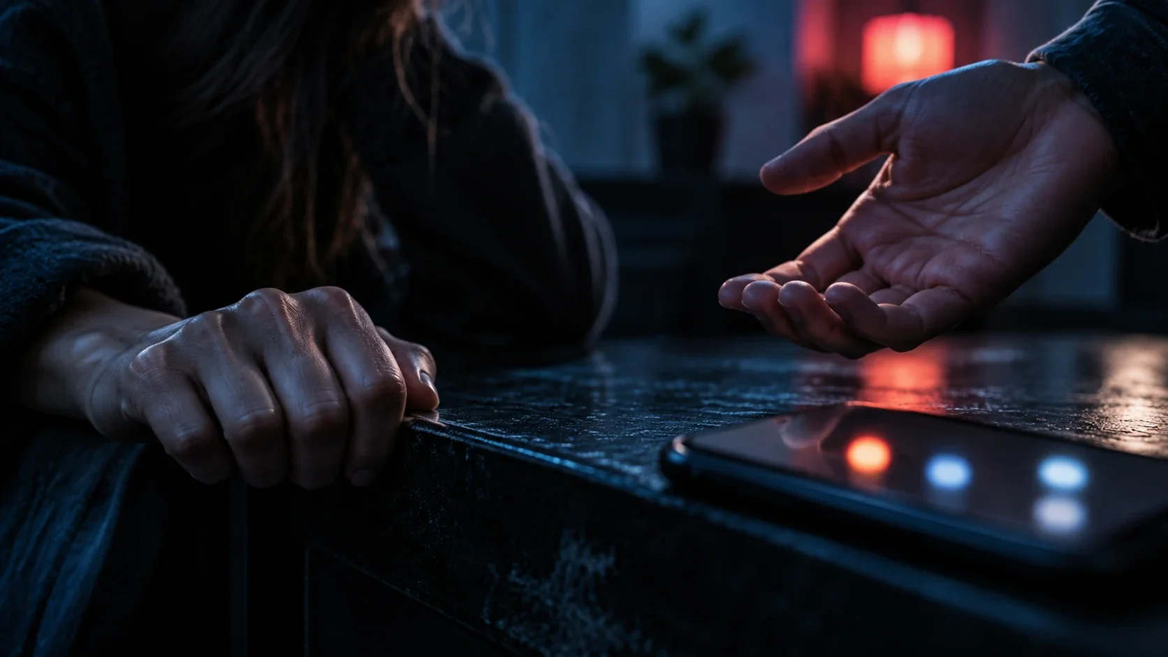 Ein Smartphone mit verschwommenen Benachrichtigungen liegt im dunklen Raum. Eine angespannte Hand hält sich am Tisch fest, während eine zweite Hand Hilfe anbietet.