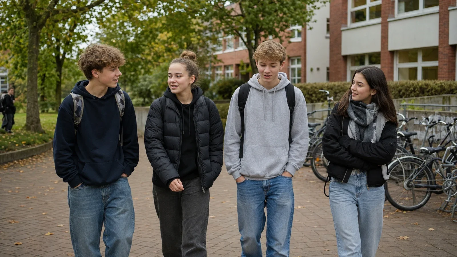 Vier Jugendliche verlassen gemeinsam eine deutsche Schule und unterhalten sich, ohne ihre Smartphones zu benutzen.