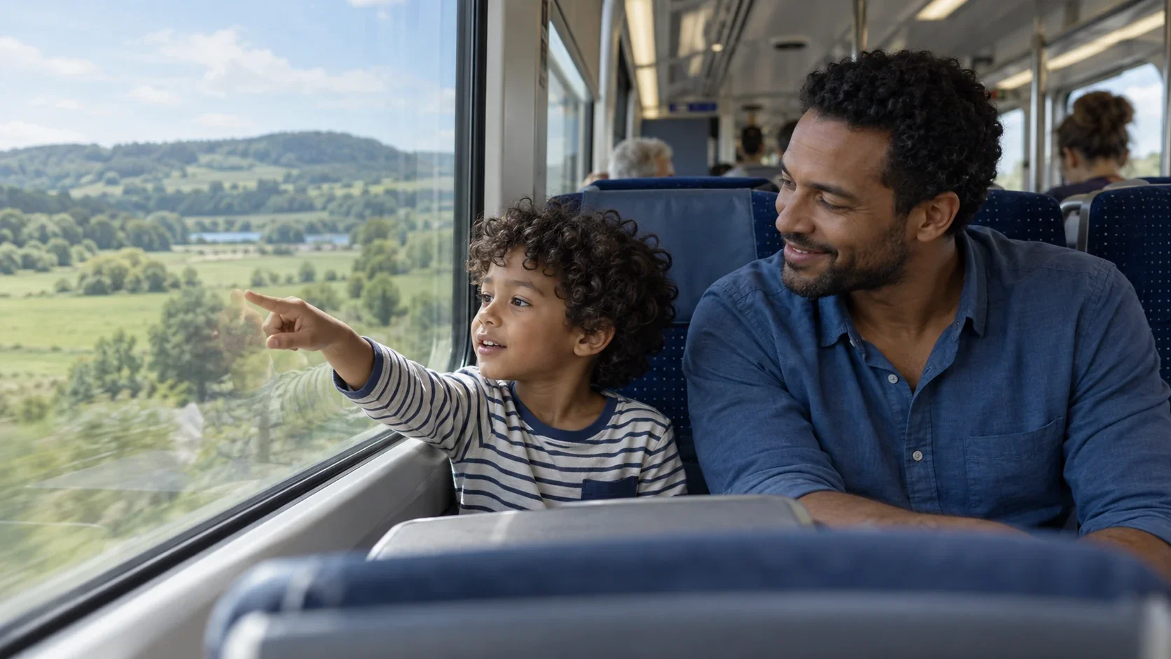Ein Kind zeigt aus dem Zugfenster auf die vorbeiziehende Landschaft. Sein Vater sitzt neben ihm und schaut zu.