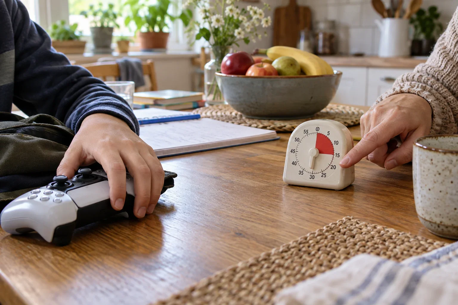 An einem Küchentisch liegt ein Spielcontroller; ein Elternteil zeigt auf einen analogen Timer.