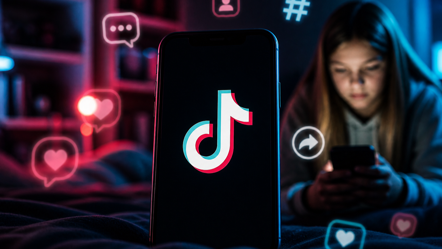 Kind sitzt abends in einem dunklen Zimmer und schaut auf ein Smartphone mit TikTok Logo, umgeben von leuchtenden Social Media Symbolen