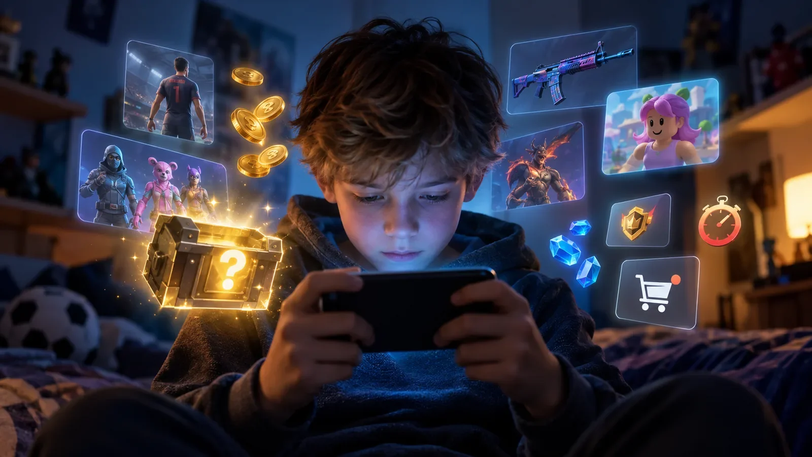 Kind spielt konzentriert auf dem Smartphone, während Lootboxen, seltene Gegenstände und zeitlicher Kaufdruck dargestellt werden.