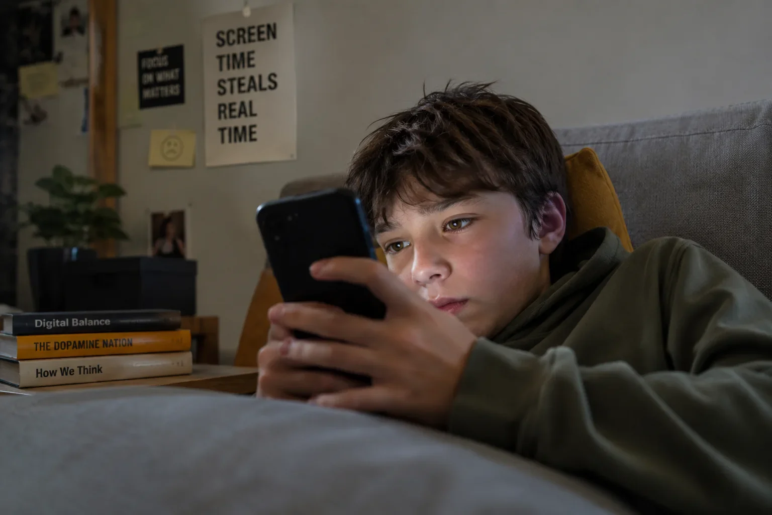 Ein Junge liegt auf dem Sofa und schaut aus kurzer Entfernung auf sein Smartphone.