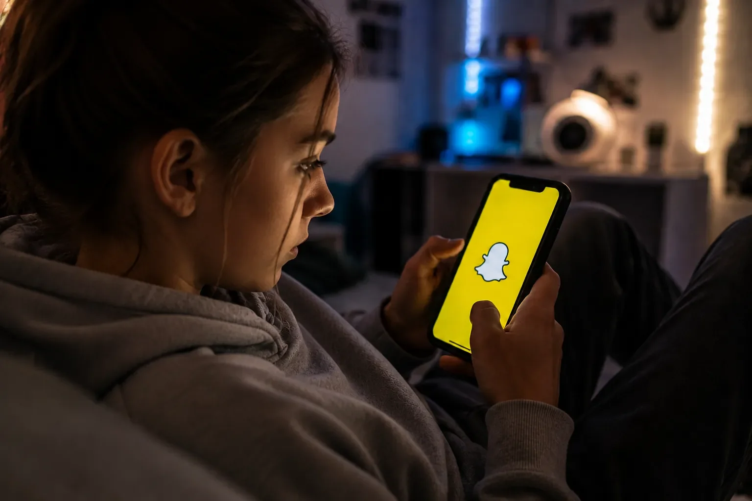 Jugendliche sitzt abends auf dem Sofa und hält ein Smartphone mit geöffnetem Snapchat in der Hand. Das helle Display leuchtet im abgedunkelten Zimmer und verdeutlicht die intensive Nutzung sozialer Medien im Alltag von Kindern und Jugendlichen.