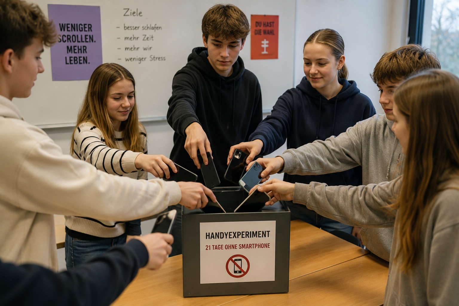 Jugendliche legen ihre Smartphones gemeinsam in eine Box im Klassenraum, als Teil eines 21-tägigen Handyexperiments an Schulen.