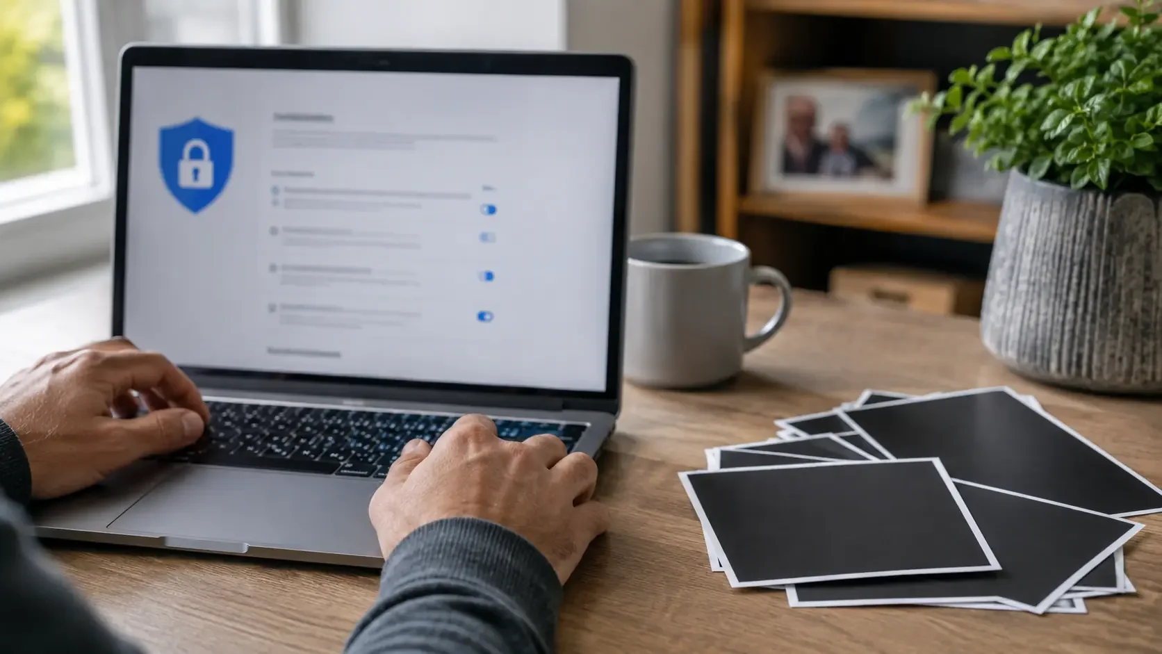 Eine Person prüft am Laptop die Privatsphäre-Einstellungen, während Familienfotos verdeckt auf dem Tisch liegen.