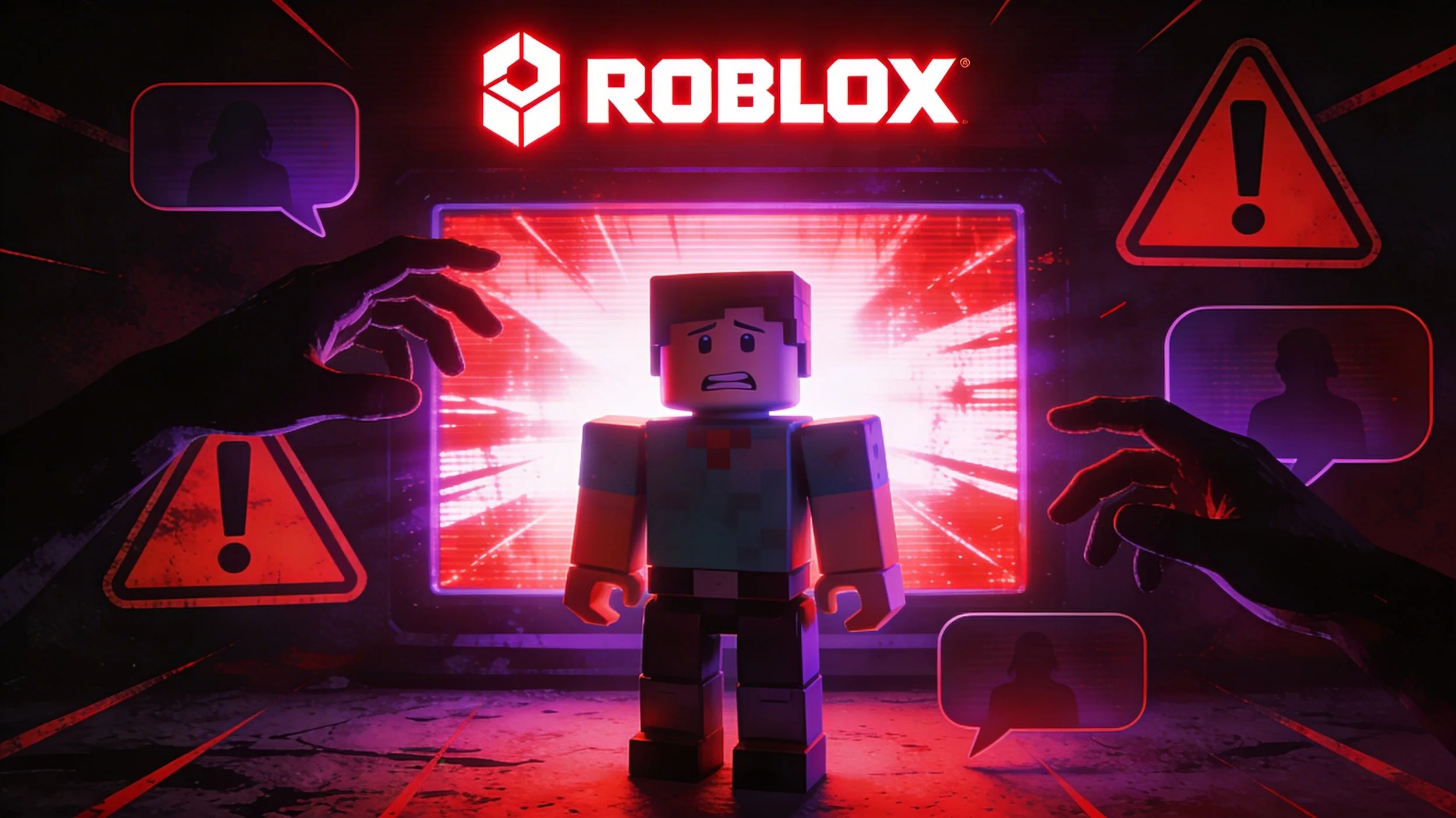 Blockartige Spielfigur vor rotem Bildschirmlicht, umgeben von Warnsymbolen und Schattenhänden als Symbol für Risiken und Gefahren auf Roblox.
