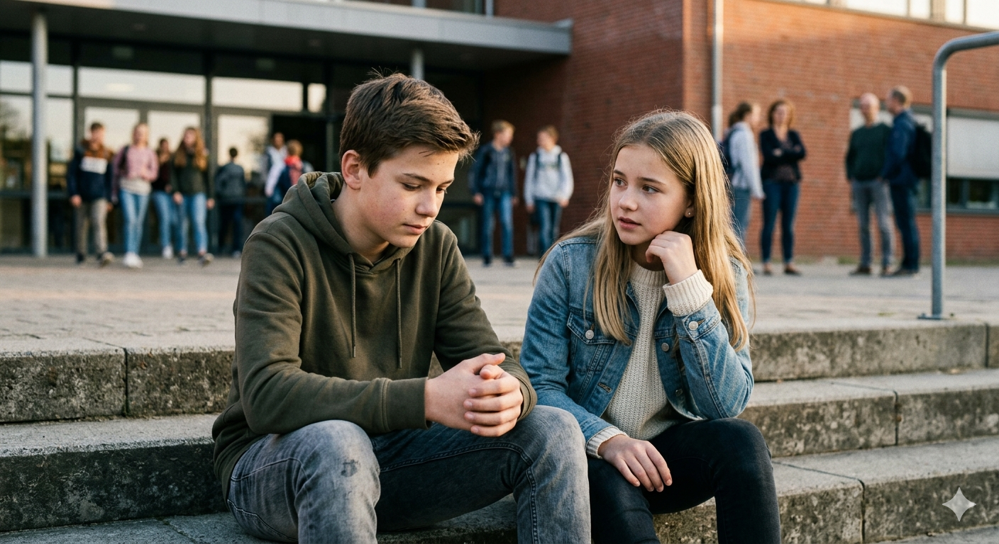 Zwei Jugendliche sitzen nachdenklich vor einer Schule auf einer Treppe und sprechen miteinander, während andere Schülerinnen und Schüler im Hintergrund zu sehen sind.
