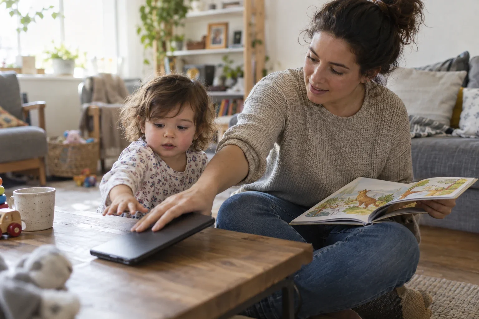 Eine Mutter legt ein digitales Gerät zur Seite und hält ein Bilderbuch, während ihr Kleinkind nach dem Gerät greift.